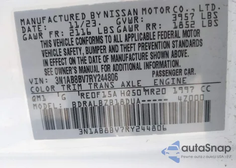 2024 Nissan Sentra S Xtronic Cvt z USA, uszkodzony, nr VIN 3N1AB8BV7RY244806